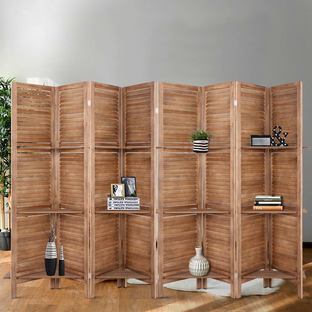 Artiss 8 Panel Room Divider Screen 326x170cm Shelf Oak - Mekamart Australia
