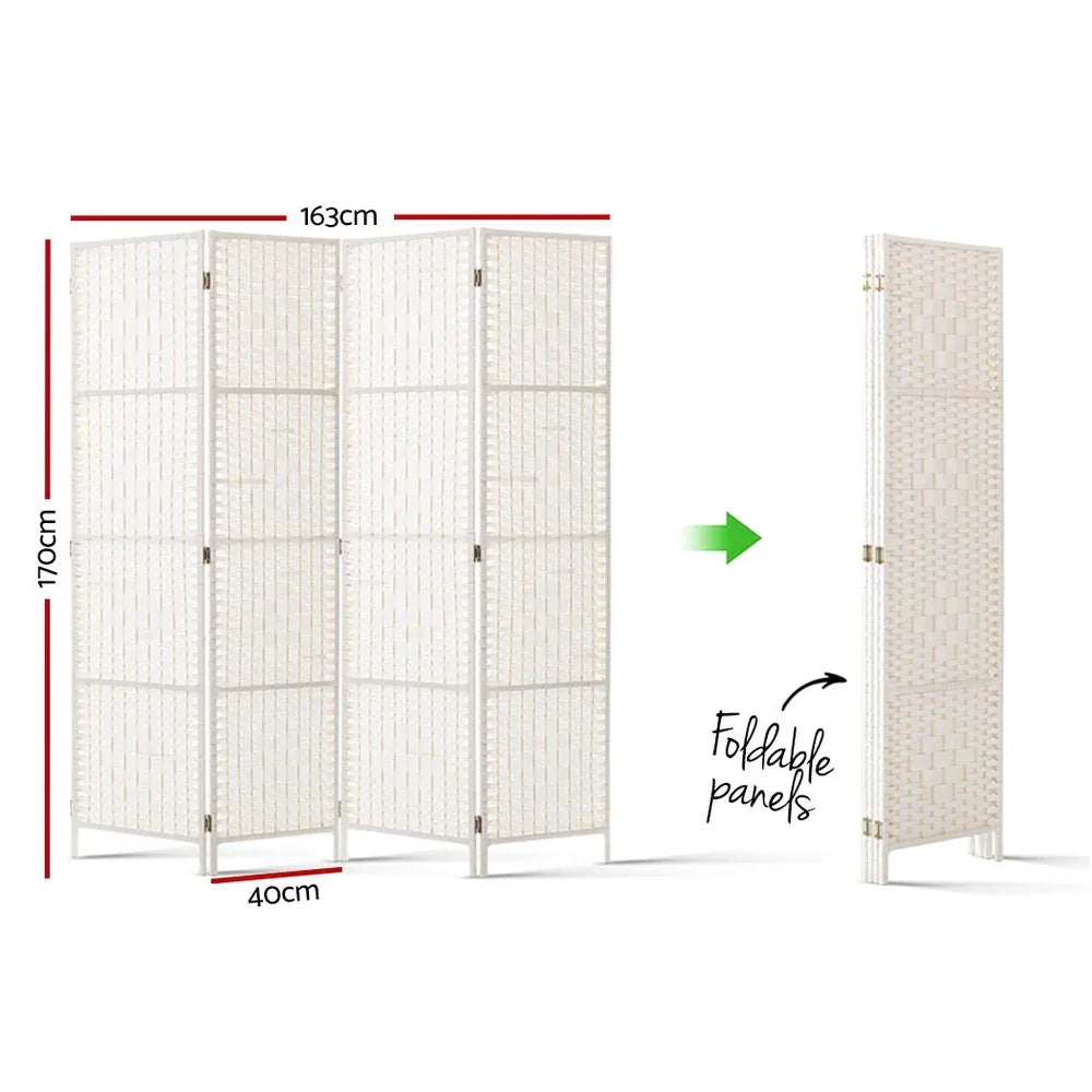Artiss 4 Panel Room Divider Screen 163x170cm Woven White - Mekamart Australia