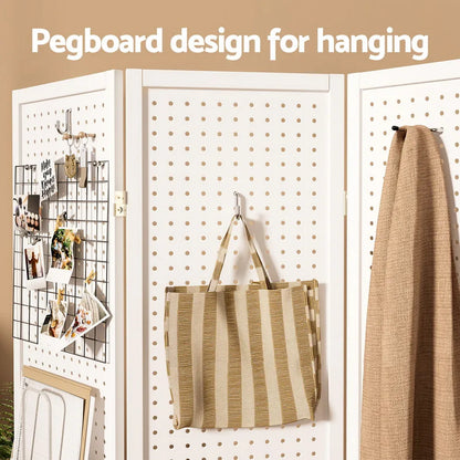 Artiss 4 Panel Room Divider Screen 164x170cm Pegboard White - Mekamart Australia