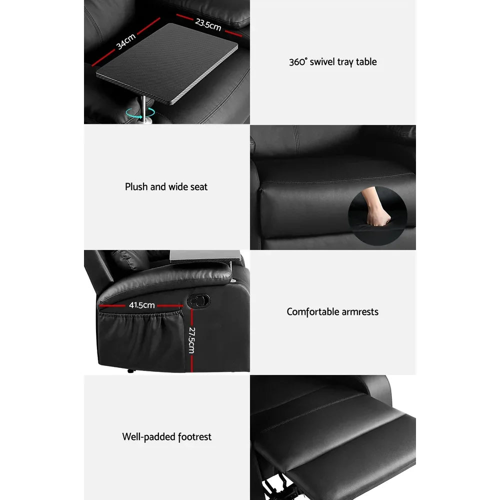 Artiss Recliner Chair Leather Black Tray Table Erika - Mekamart Australia