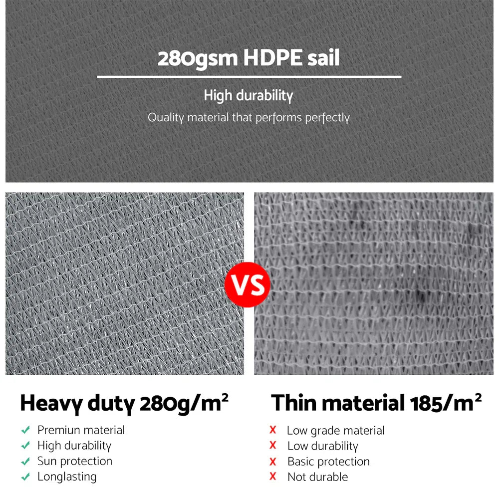 Instahut Shade Sail 3x3m Square 280GSM 98% Grey Shade Cloth - Mekamart Australia