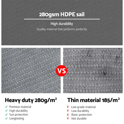 Instahut Shade Sail 3x3m Square 280GSM 98% Grey Shade Cloth - Mekamart Australia