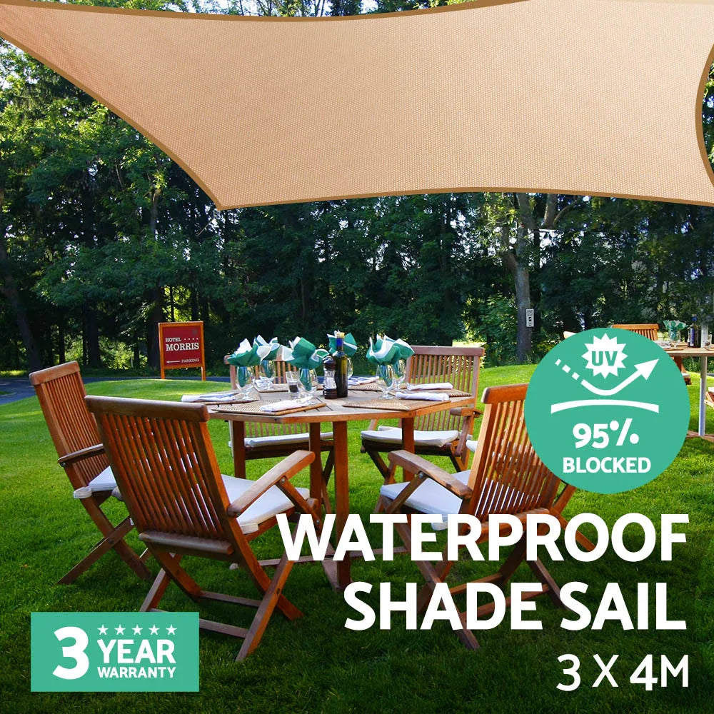 Instahut Waterproof Shade Sail 3x4m Rectangle Sand 95% Shade Cloth - Mekamart Australia