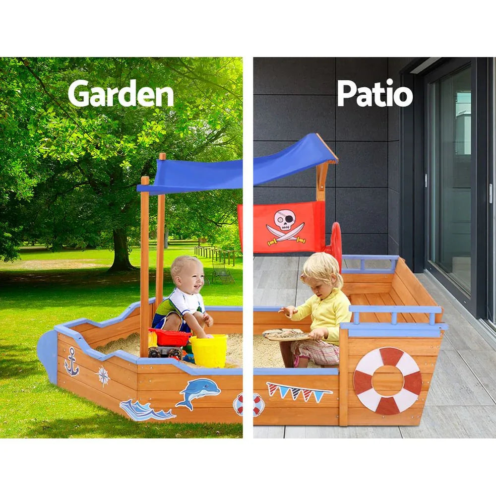 Keezi Kids Sandpit Wooden Boat Sand Pit with Canopy Bench Seat Beach Toys 165cm - Mekamart Australia