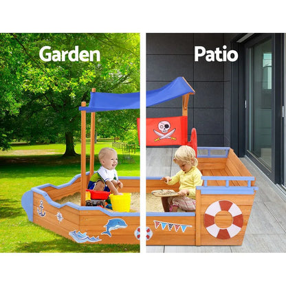 Keezi Kids Sandpit Wooden Boat Sand Pit with Canopy Bench Seat Beach Toys 165cm - Mekamart Australia