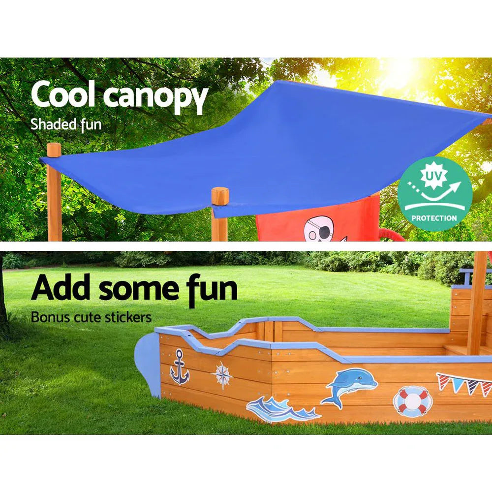 Keezi Kids Sandpit Wooden Boat Sand Pit with Canopy Bench Seat Beach Toys 165cm - Mekamart Australia