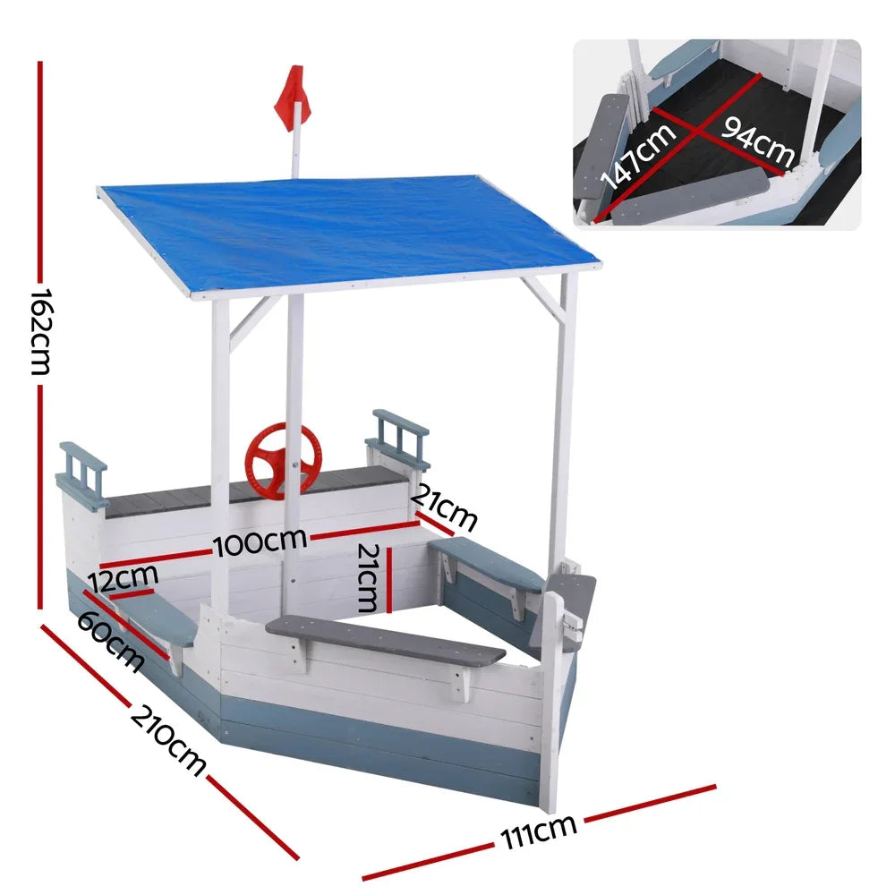 Keezi Kids Sandpit Wooden Box Boat Canopy Flag Outdoor Toys Children Blue - Mekamart Australia