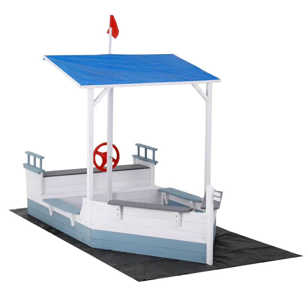 Keezi Kids Sandpit Wooden Box Boat Canopy Flag Outdoor Toys Children Blue - Mekamart Australia