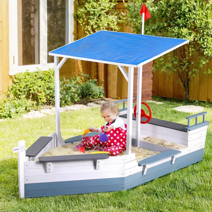 Keezi Kids Sandpit Wooden Box Boat Canopy Flag Outdoor Toys Children Blue - Mekamart Australia