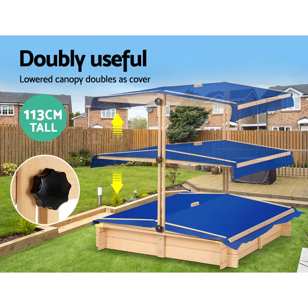 Keezi Kids Sandpit Wooden Sandbox Sand Pit with Canopy Bench Seat Toys 101cm - Mekamart Australia