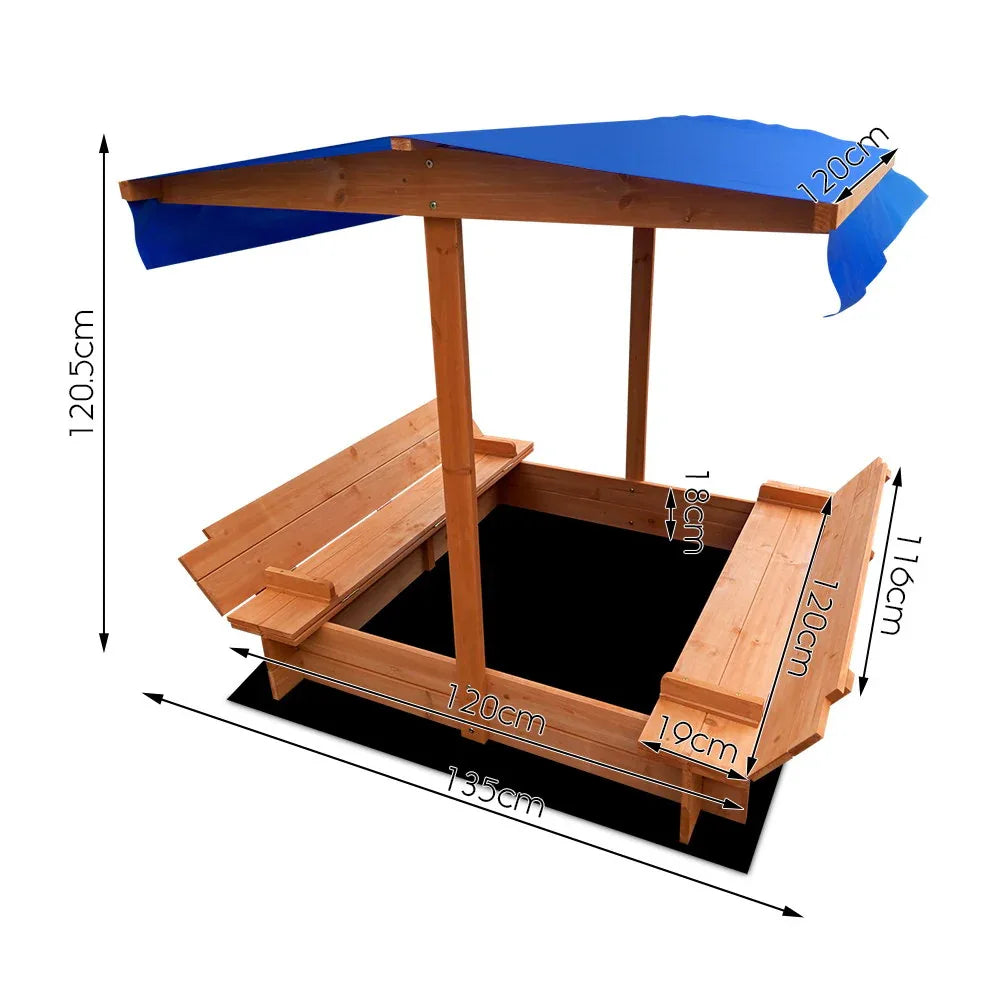 Keezi Kids Sandpit Wooden Sandbox Sand Pit with Canopy Foldable Seat Toys 120cm - Mekamart Australia