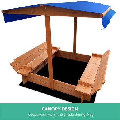 Keezi Kids Sandpit Wooden Sandbox Sand Pit with Canopy Foldable Seat Toys 120cm - Mekamart Australia