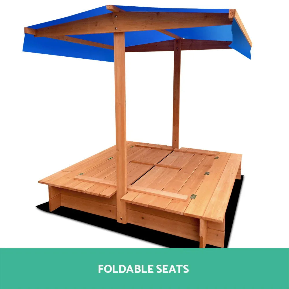 Keezi Kids Sandpit Wooden Sandbox Sand Pit with Canopy Foldable Seat Toys 120cm - Mekamart Australia