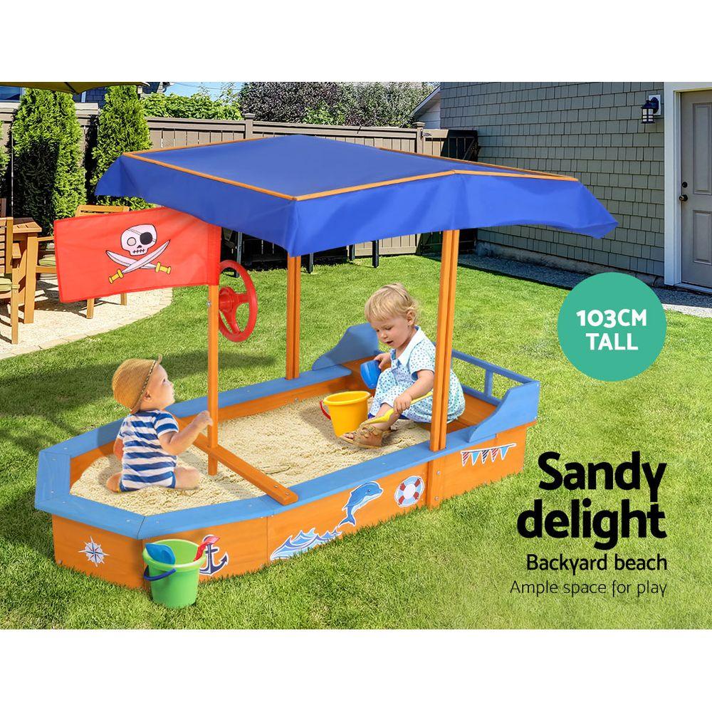 Keezi Kids Sandpit Wooden Boat Sand Pit with Canopy Bench Seat Beach Toys 150cm - Mekamart Australia