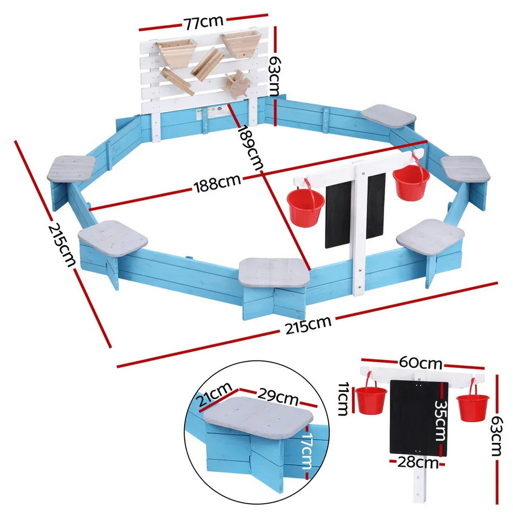 Keezi Kids Sandpit Wooden Round Sand Pit with Cover Funnel Bench Seat Beach Toys 215cm - Mekamart Australia
