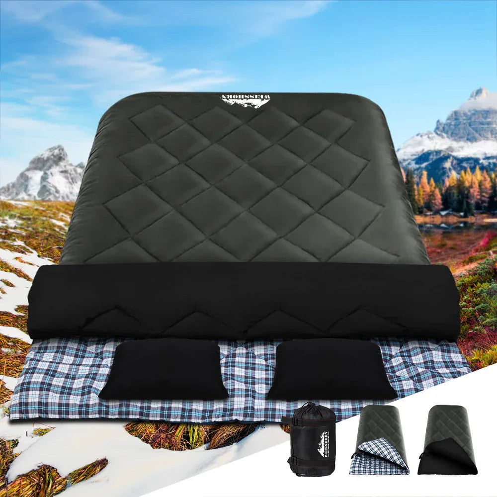 Weisshorn Sleeping Bag Double Pillow Thermal Camping Hiking Tent Grey -10&deg;C - Mekamart Australia