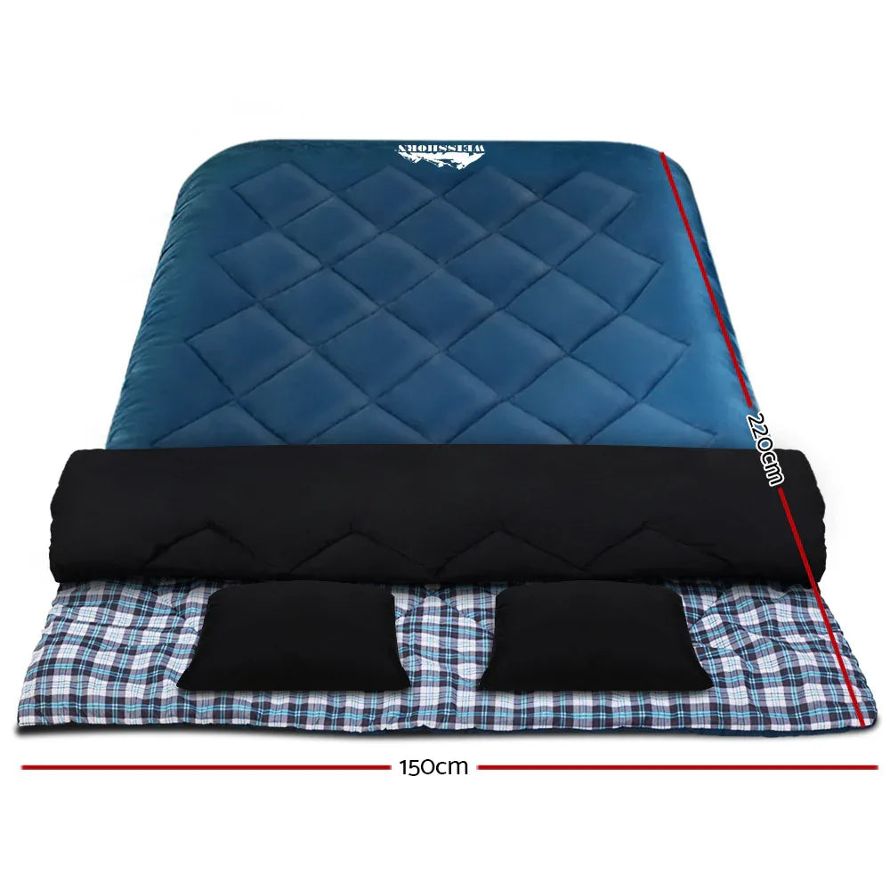 Weisshorn Sleeping Bag Double Pillow Thermal Camping Hiking Tent Blue -10&deg;C - Mekamart Australia
