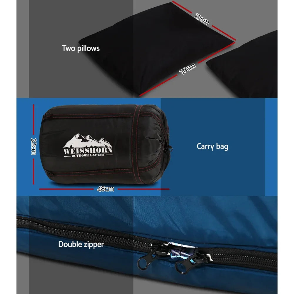 Weisshorn Sleeping Bag Double Pillow Thermal Camping Hiking Tent Blue -10&deg;C - Mekamart Australia