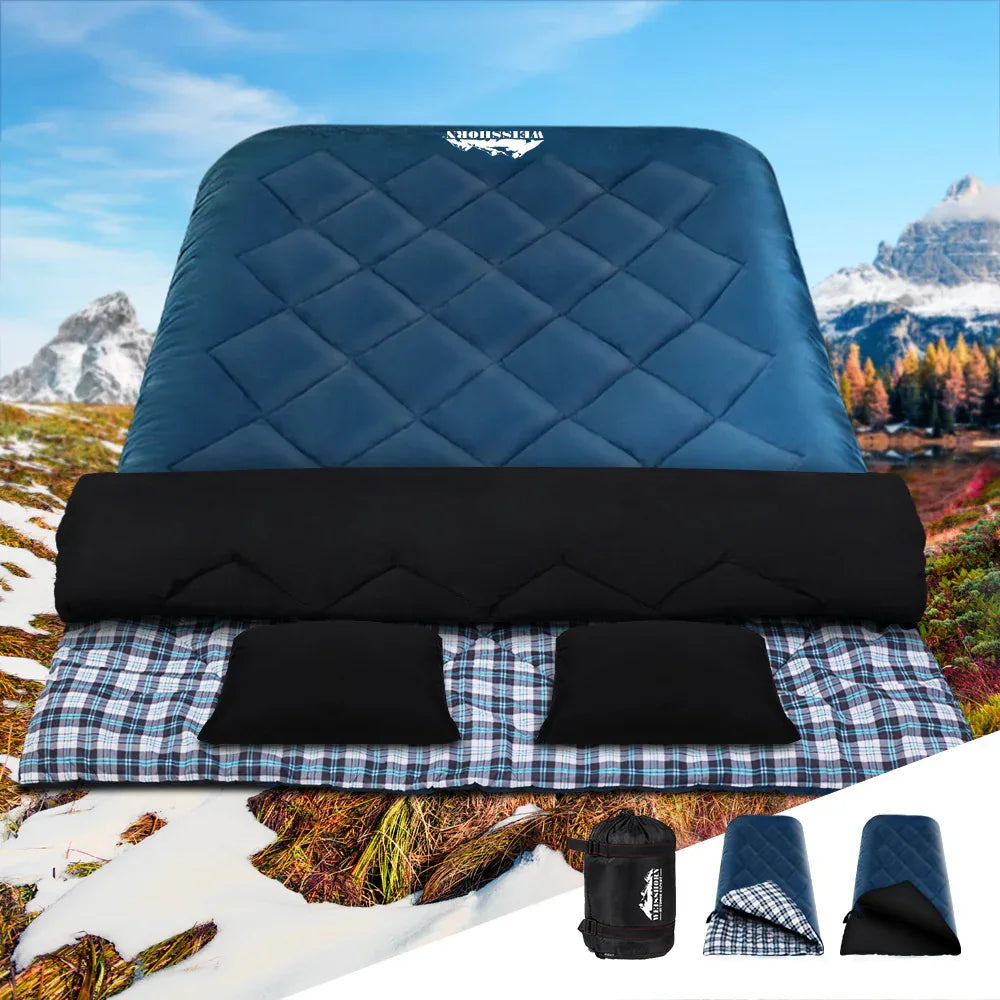 Weisshorn Sleeping Bag Double Pillow Thermal Camping Hiking Tent Blue -10&deg;C - Mekamart Australia