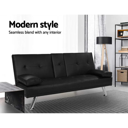 Artiss Sofa Bed 168CM Black PU Leather - Mekamart Australia