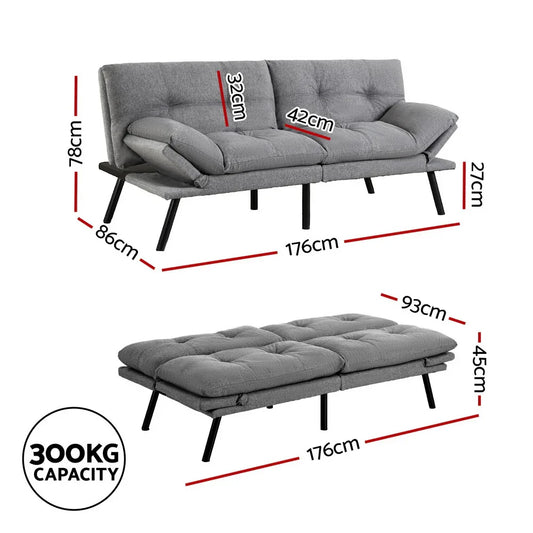 Artiss Sofa Bed Convertible 3 Seater Couch Recliner Lounge Chair Fabric Grey - Mekamart Australia