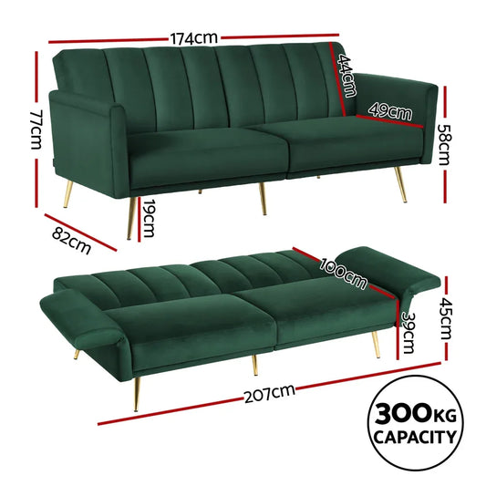 Artiss Sofa Bed 3 Seater Couch Convertible Lounge Adjustable Arm Recliner Velvet - Mekamart Australia