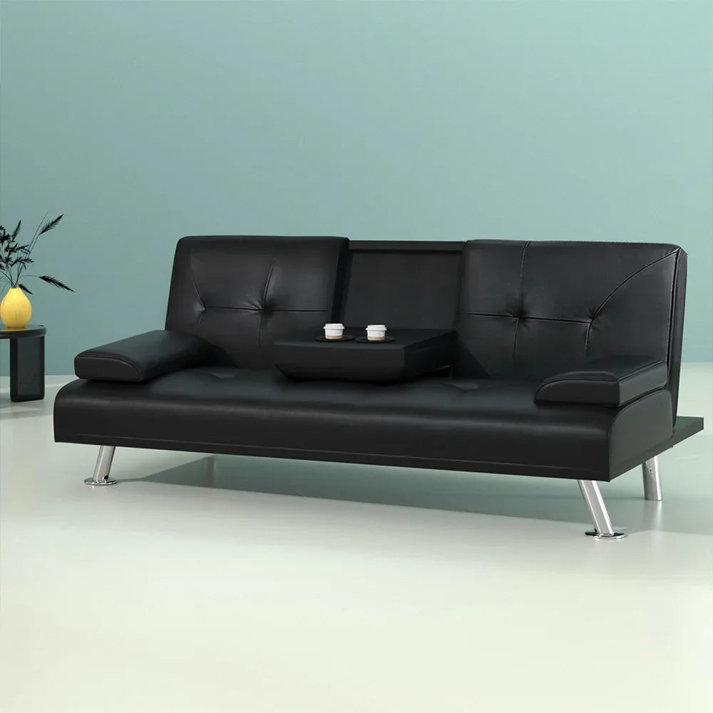 Artiss Sofa Bed Lounge Convertible Leather Couch Bed 3 Seater Cupholder Recliner - Mekamart Australia