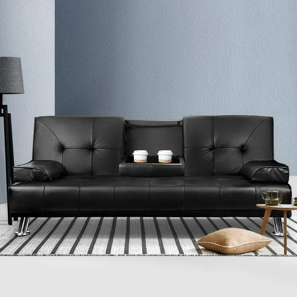 Artiss Sofa Bed Lounge Convertible Leather Couch Bed 3 Seater Cupholder Recliner - Mekamart Australia