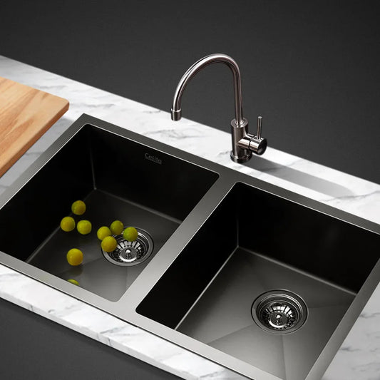 Cefito Kitchen Sink 77X45CM Stainless Steel Basin Double Bowl Black - Mekamart Australia