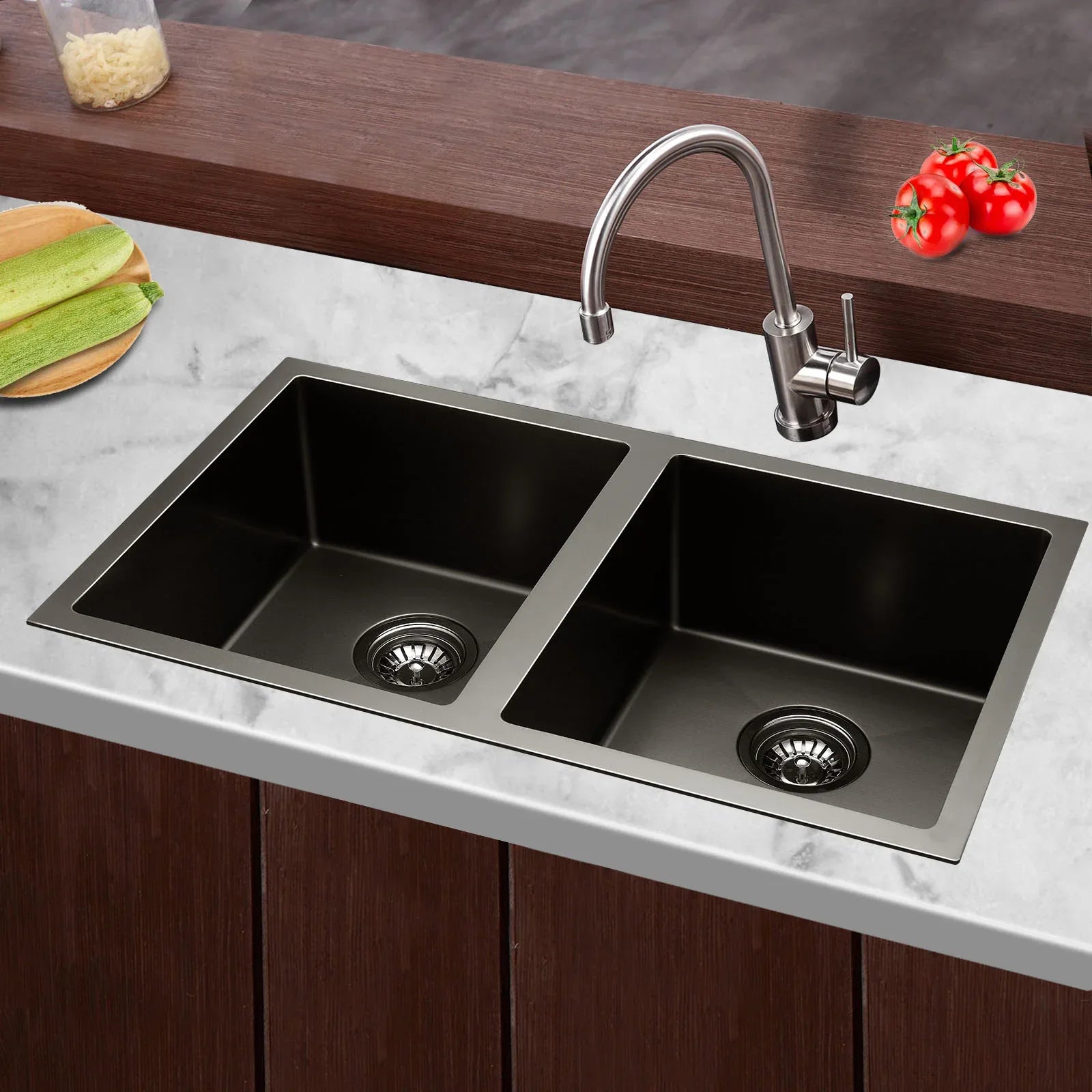 Cefito Kitchen Sink 77X45CM Stainless Steel Basin Double Bowl Black - Mekamart Australia