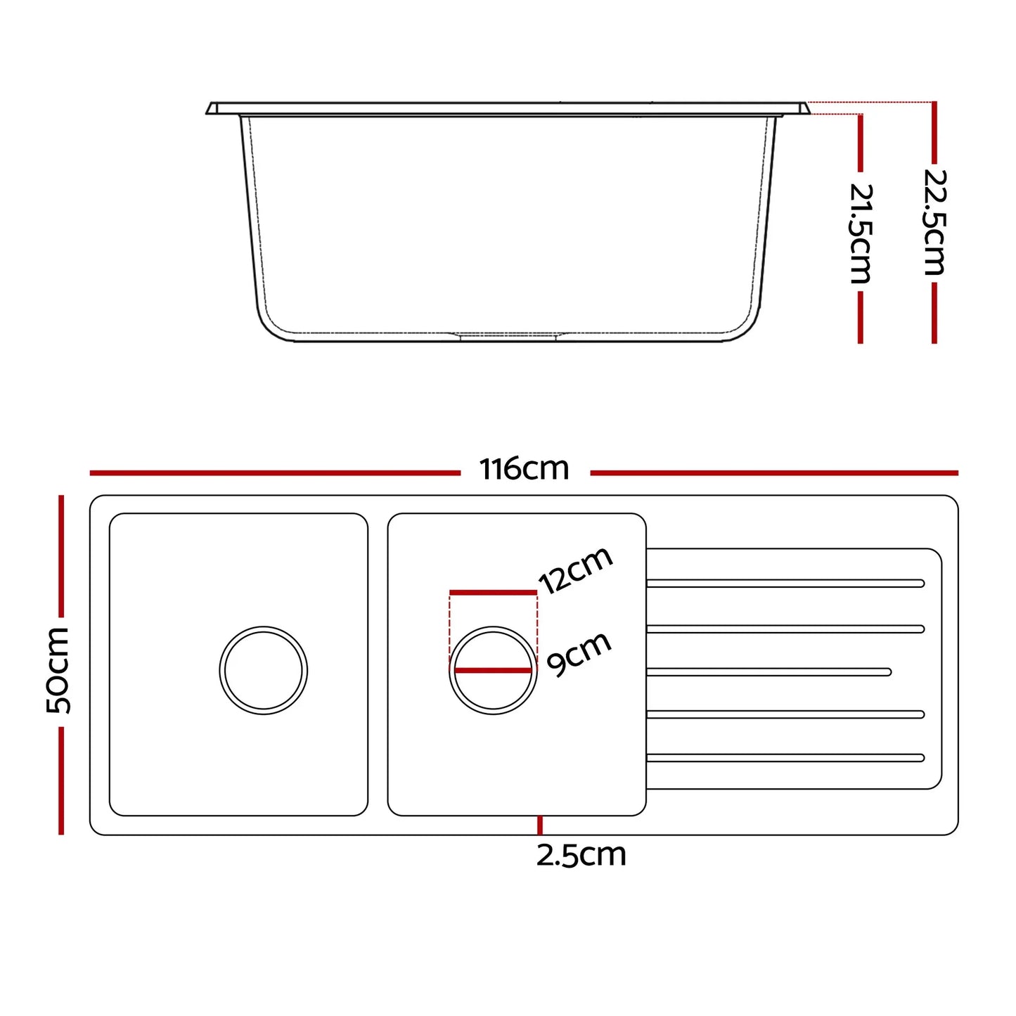 Cefito Kitchen Sink 116x50cm Granite Stone Sink Double Bowl Black - Mekamart Australia