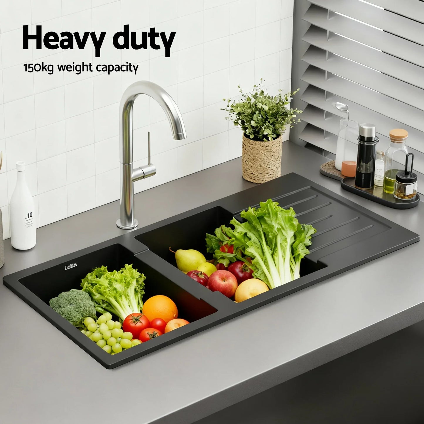 Cefito Kitchen Sink 116x50cm Granite Stone Sink Double Bowl Black - Mekamart Australia
