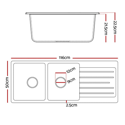 Cefito Kitchen Sink 116x50cm Granite Stone Sink Double Bowl White - Mekamart Australia