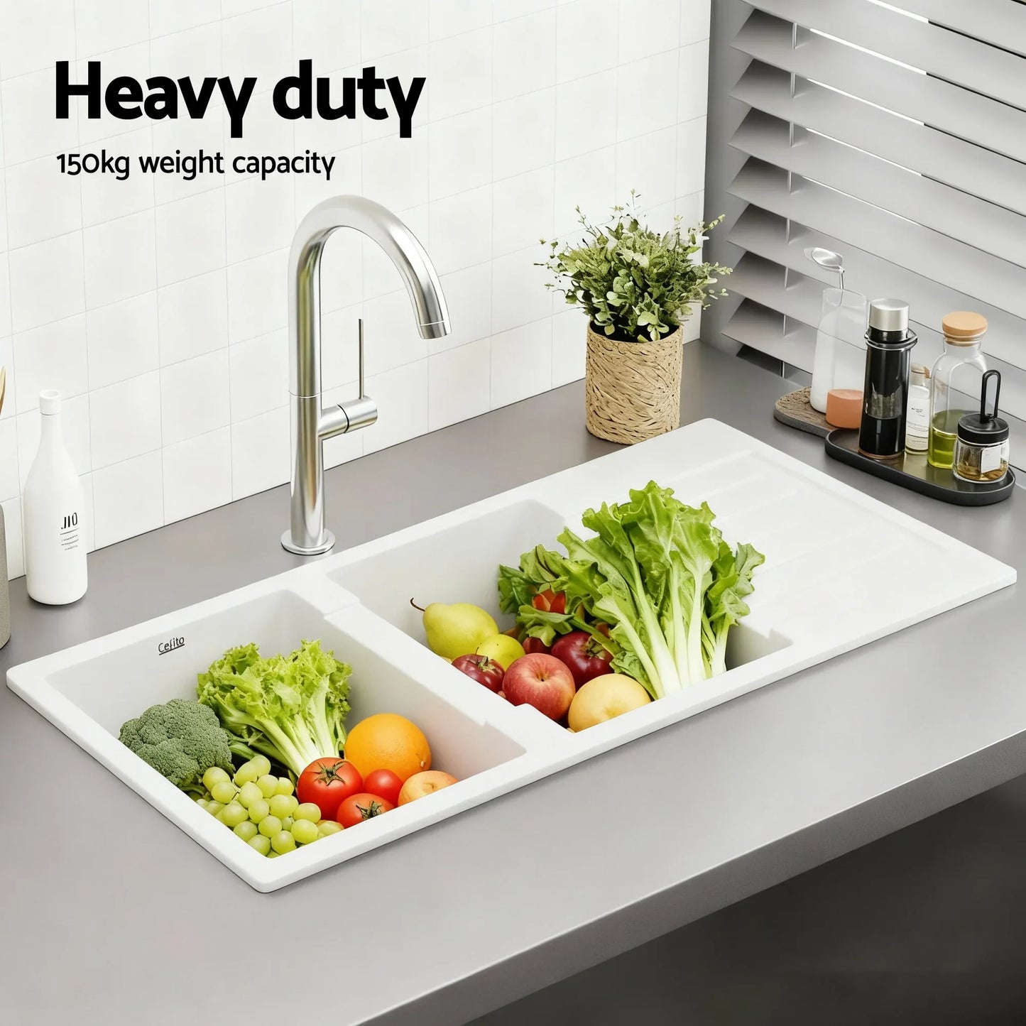 Cefito Kitchen Sink 116x50cm Granite Stone Sink Double Bowl White - Mekamart Australia