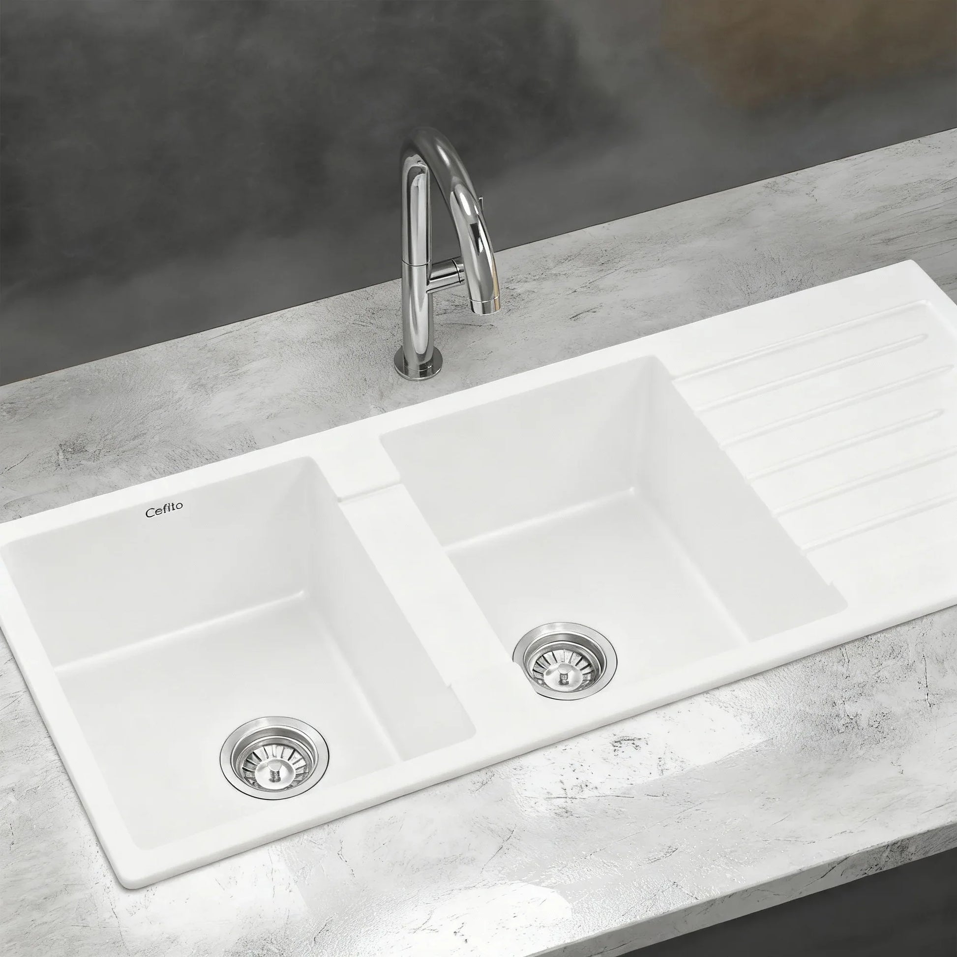 Cefito Kitchen Sink 116x50cm Granite Stone Sink Double Bowl White - Mekamart Australia