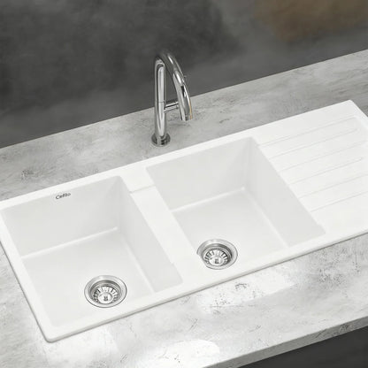 Cefito Kitchen Sink 116x50cm Granite Stone Sink Double Bowl White - Mekamart Australia