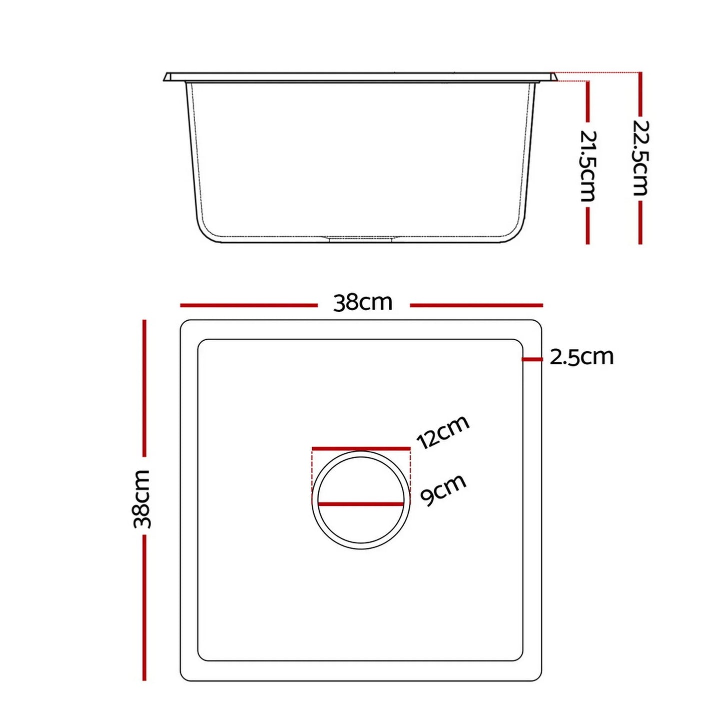 Cefito Kitchen Sink 38x38cm Granite Stone Sink Single Bowl Black - Mekamart Australia
