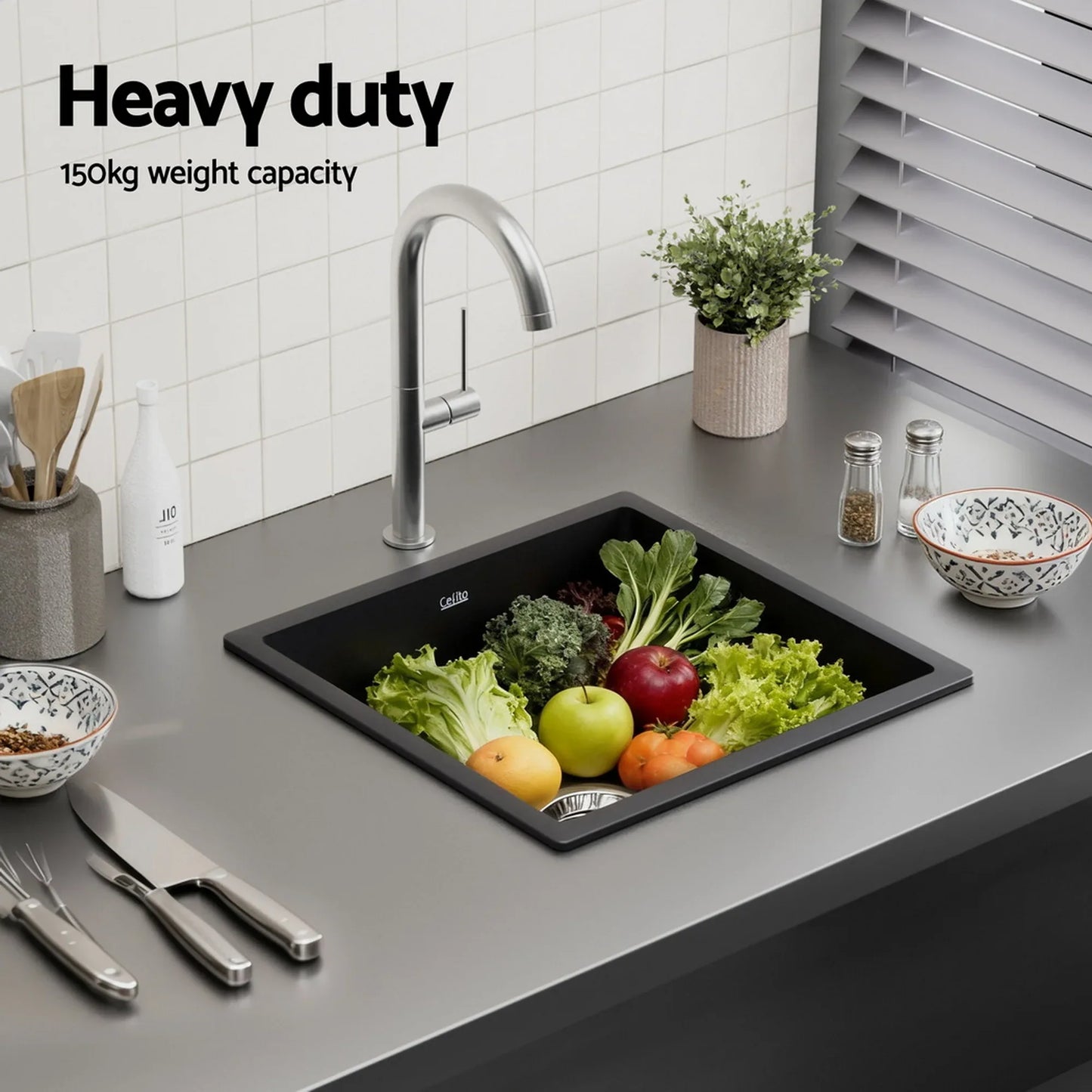 Cefito Kitchen Sink 38x38cm Granite Stone Sink Single Bowl Black - Mekamart Australia