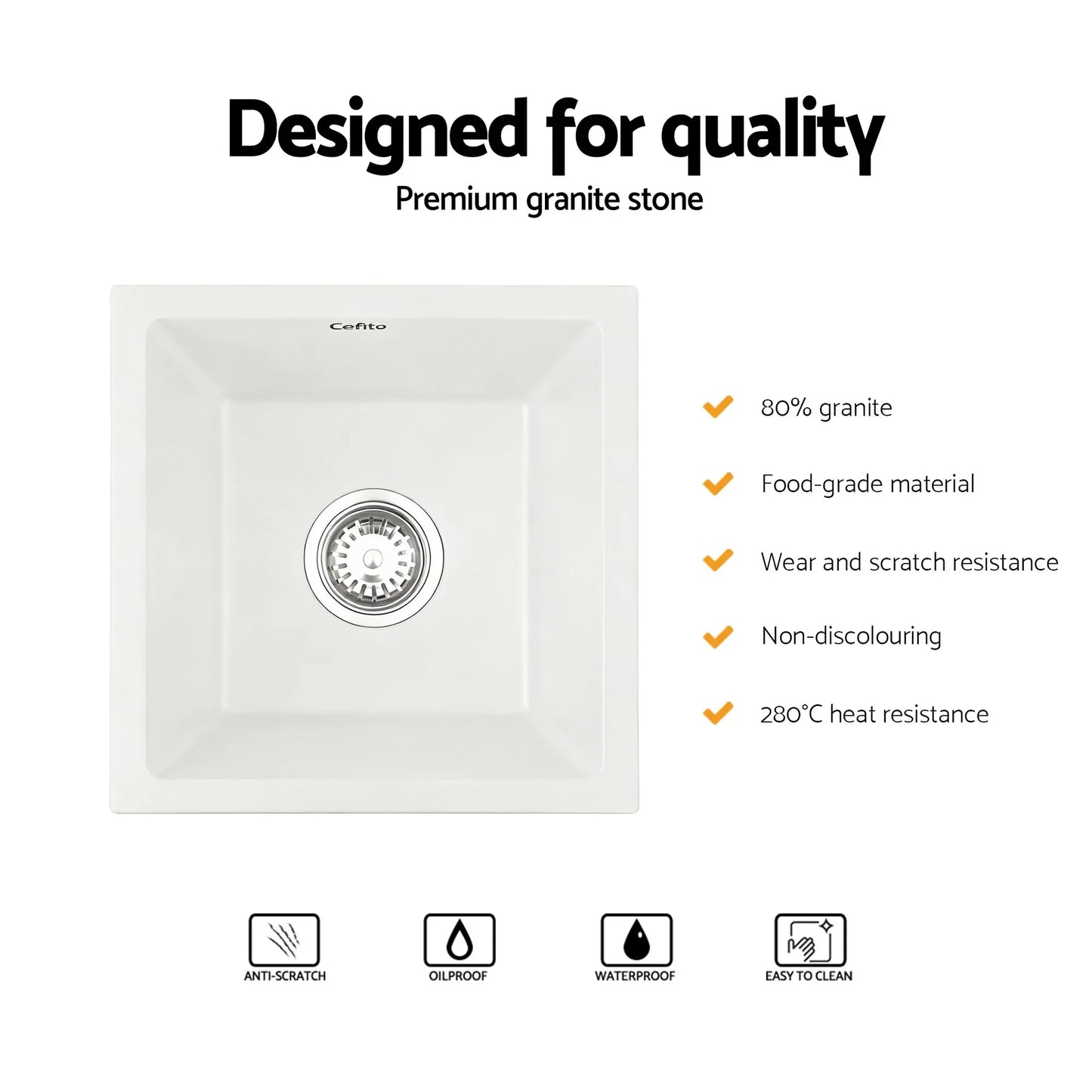 Cefito Kitchen Sink 38x38cm Granite Stone Sink Single Bowl White - Mekamart Australia