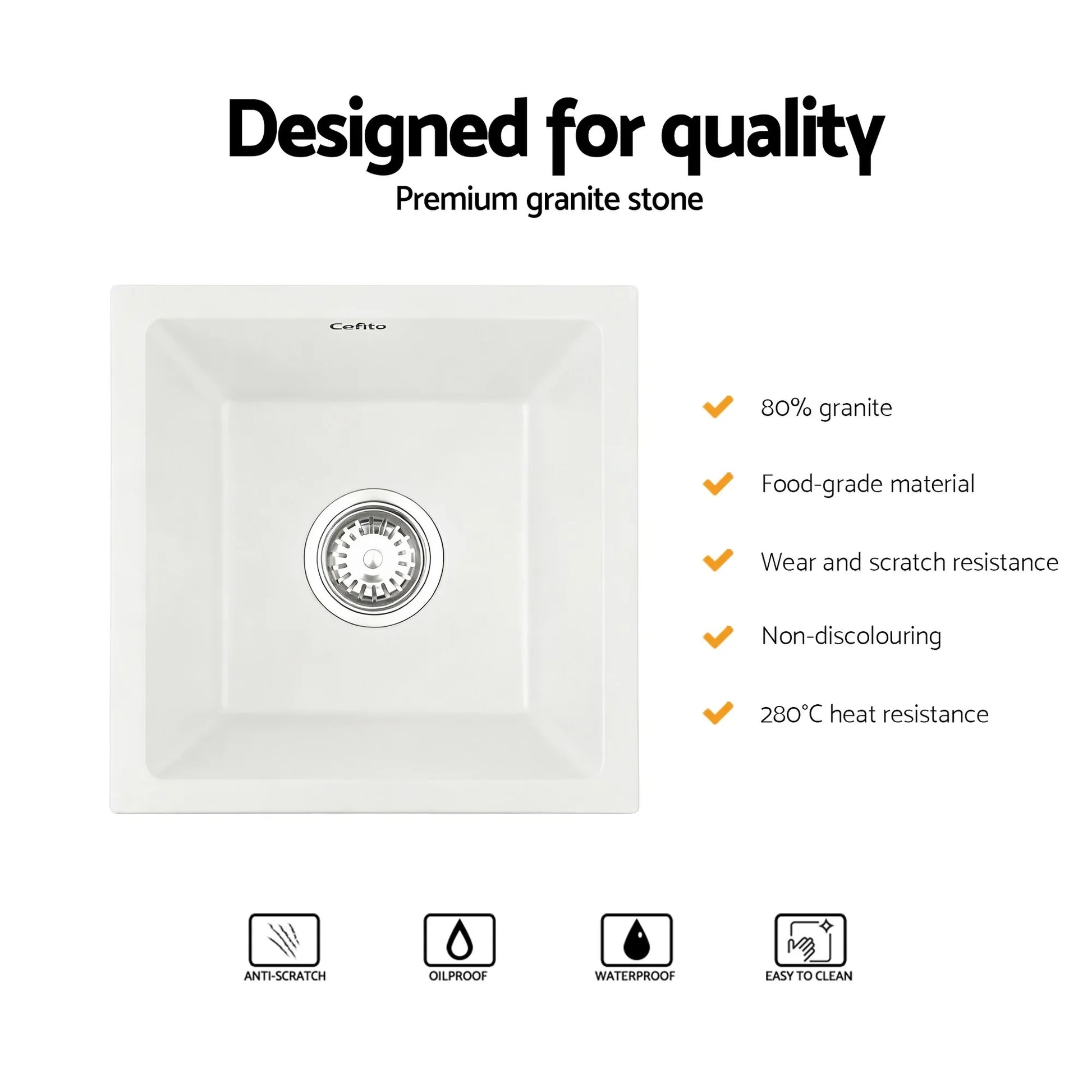 Cefito Kitchen Sink 38x38cm Granite Stone Sink Single Bowl White - Mekamart Australia