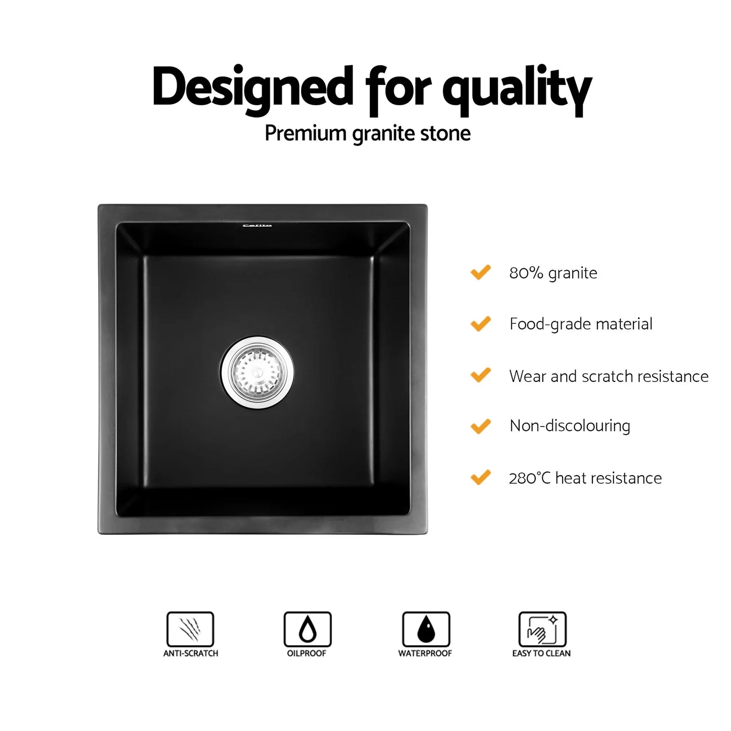 Cefito Kitchen Sink 45x45cm Granite Stone Sink Single Bowl Black - Mekamart Australia