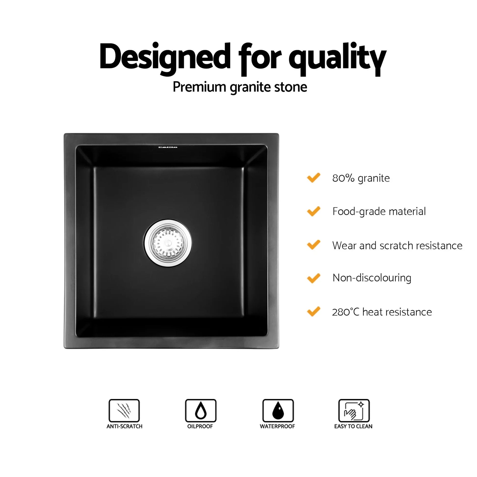 Cefito Kitchen Sink 45x45cm Granite Stone Sink Single Bowl Black - Mekamart Australia