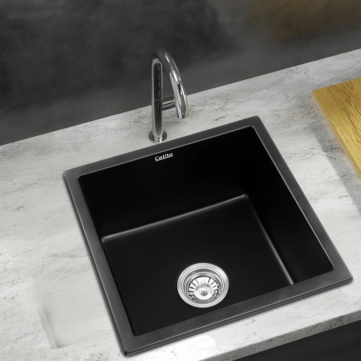 Cefito Kitchen Sink 45x45cm Granite Stone Sink Single Bowl Black - Mekamart Australia