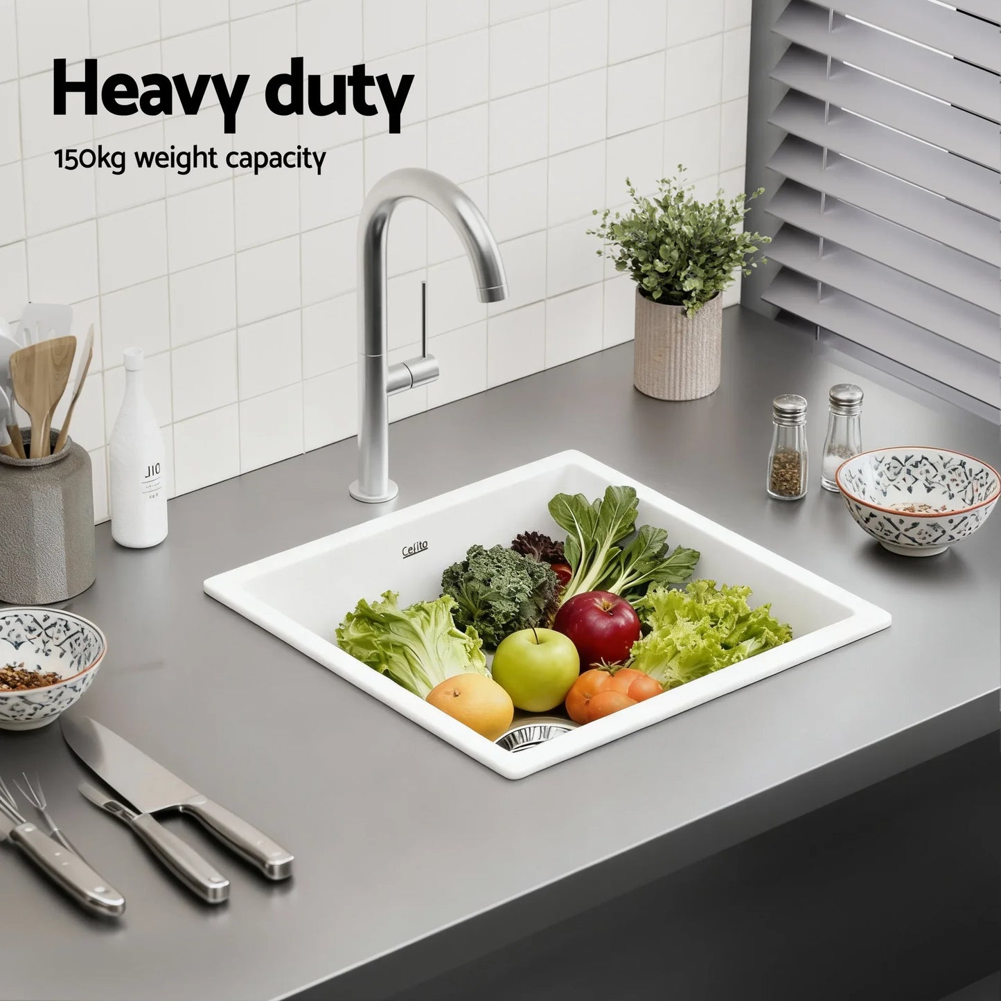Cefito Kitchen Sink 45x45cm Granite Stone Sink Single Bowl White - Mekamart Australia