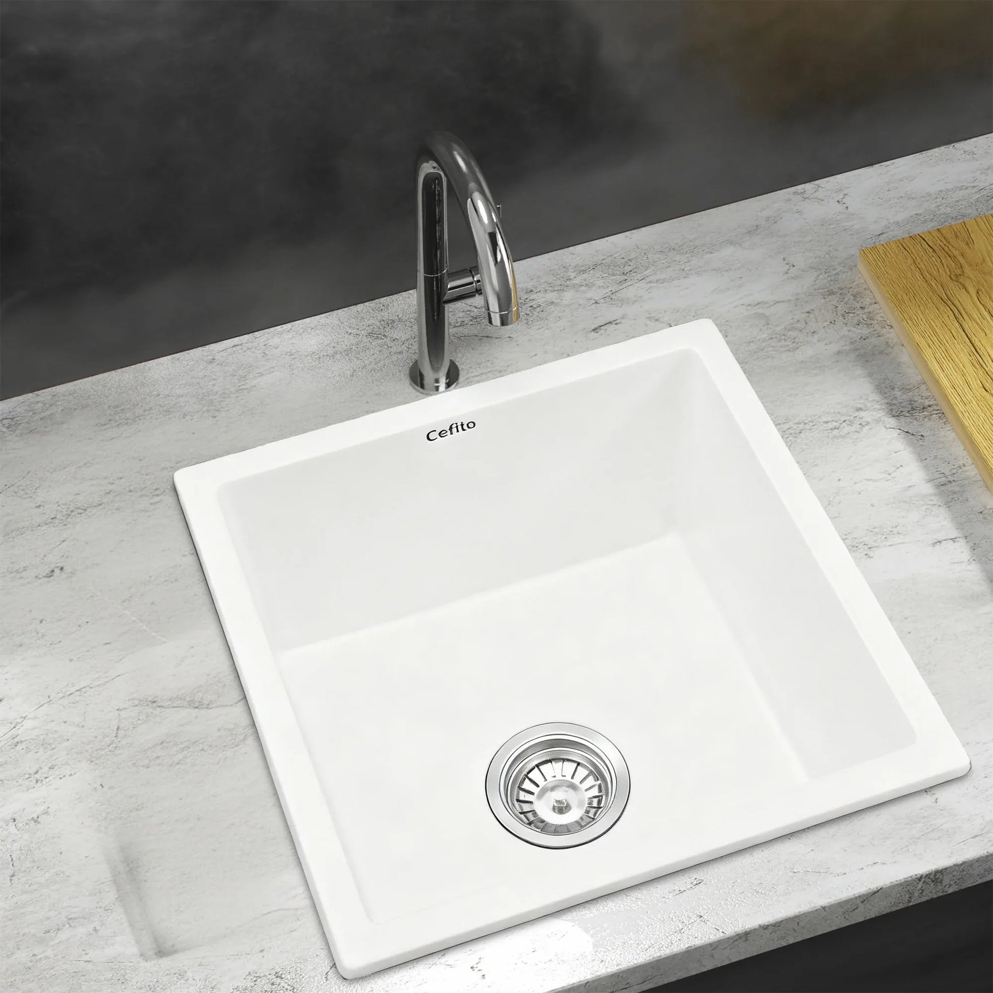 Cefito Kitchen Sink 45x45cm Granite Stone Sink Single Bowl White - Mekamart Australia