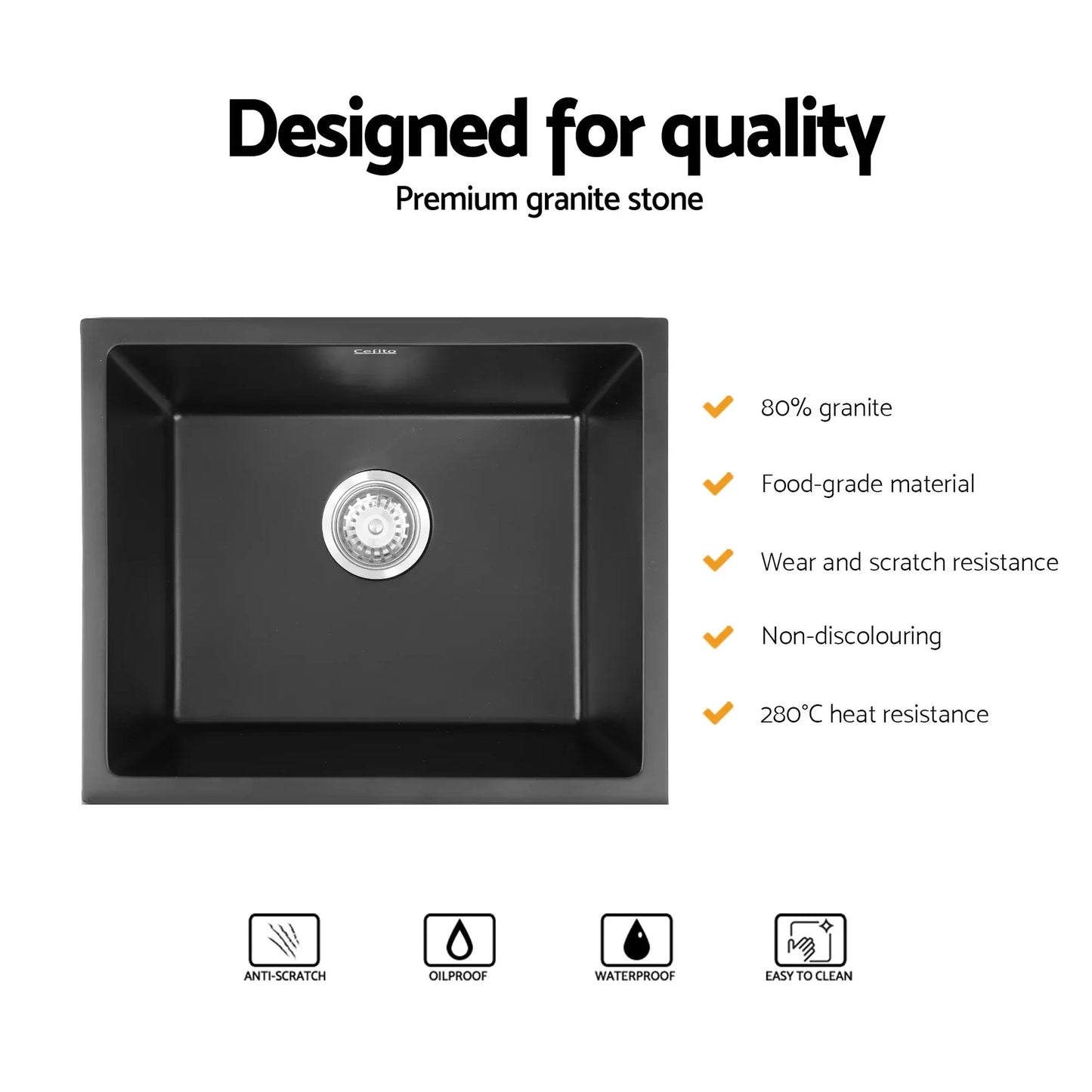 Cefito Kitchen Sink 55x45cm Granite Stone Sink Single Bowl Black - Mekamart Australia