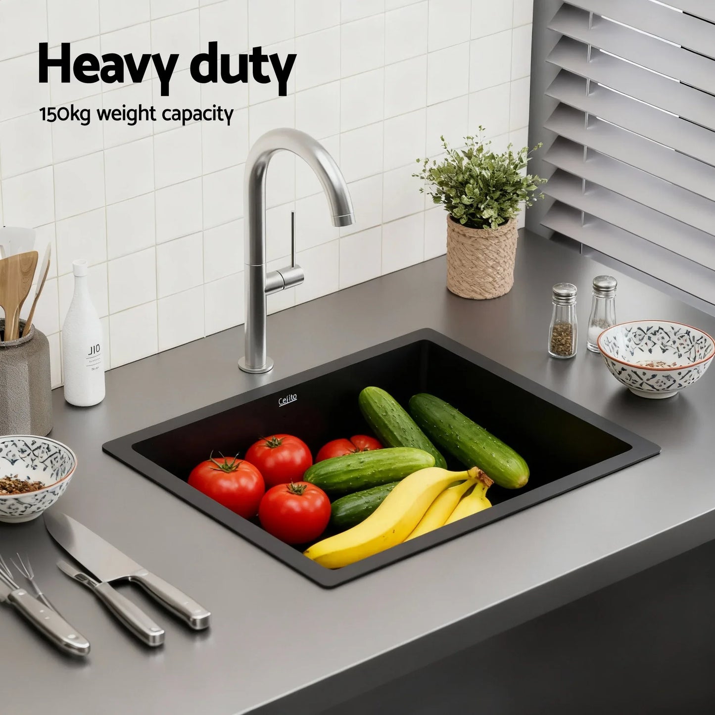 Cefito Kitchen Sink 55x45cm Granite Stone Sink Single Bowl Black - Mekamart Australia