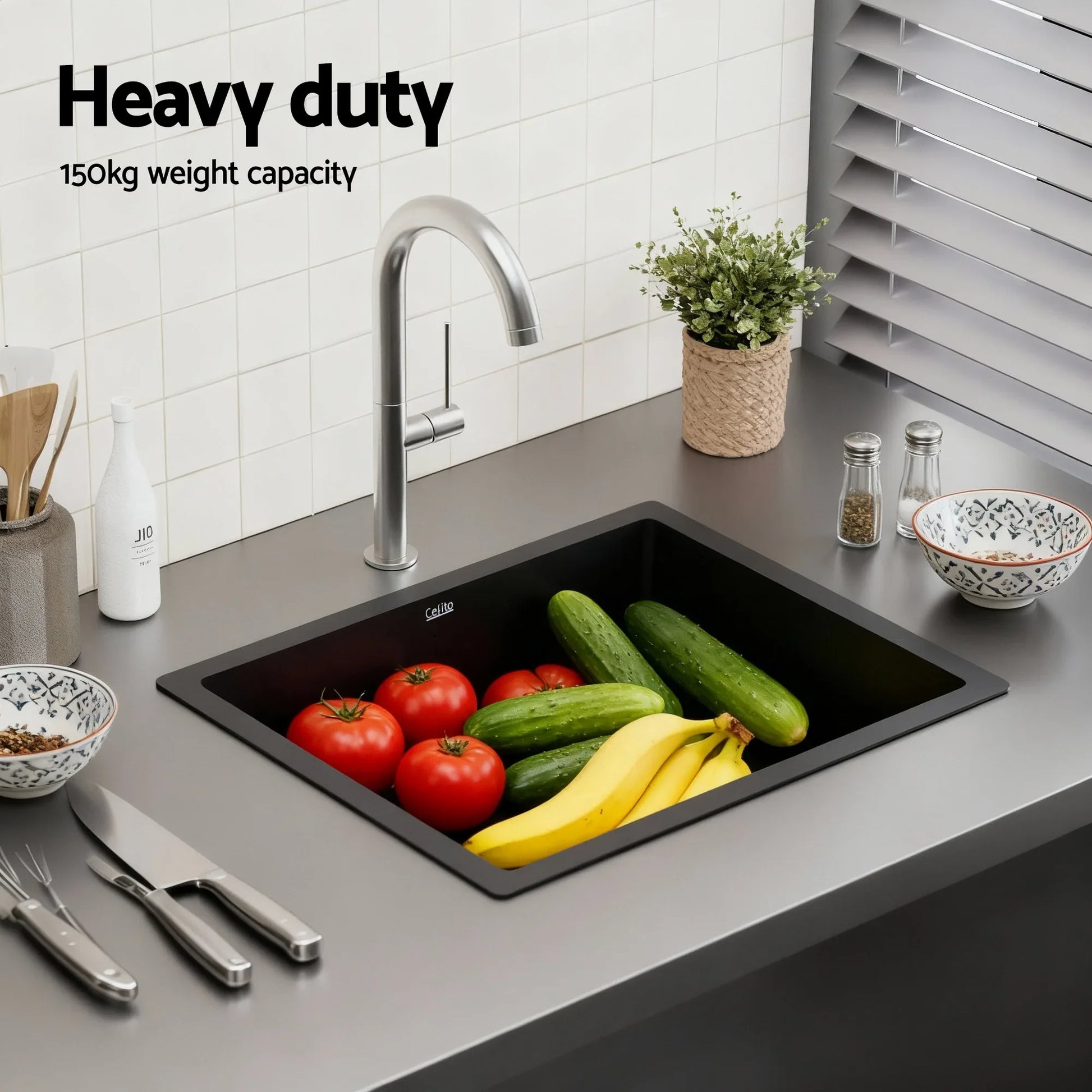 Cefito Kitchen Sink 55x45cm Granite Stone Sink Single Bowl Black - Mekamart Australia