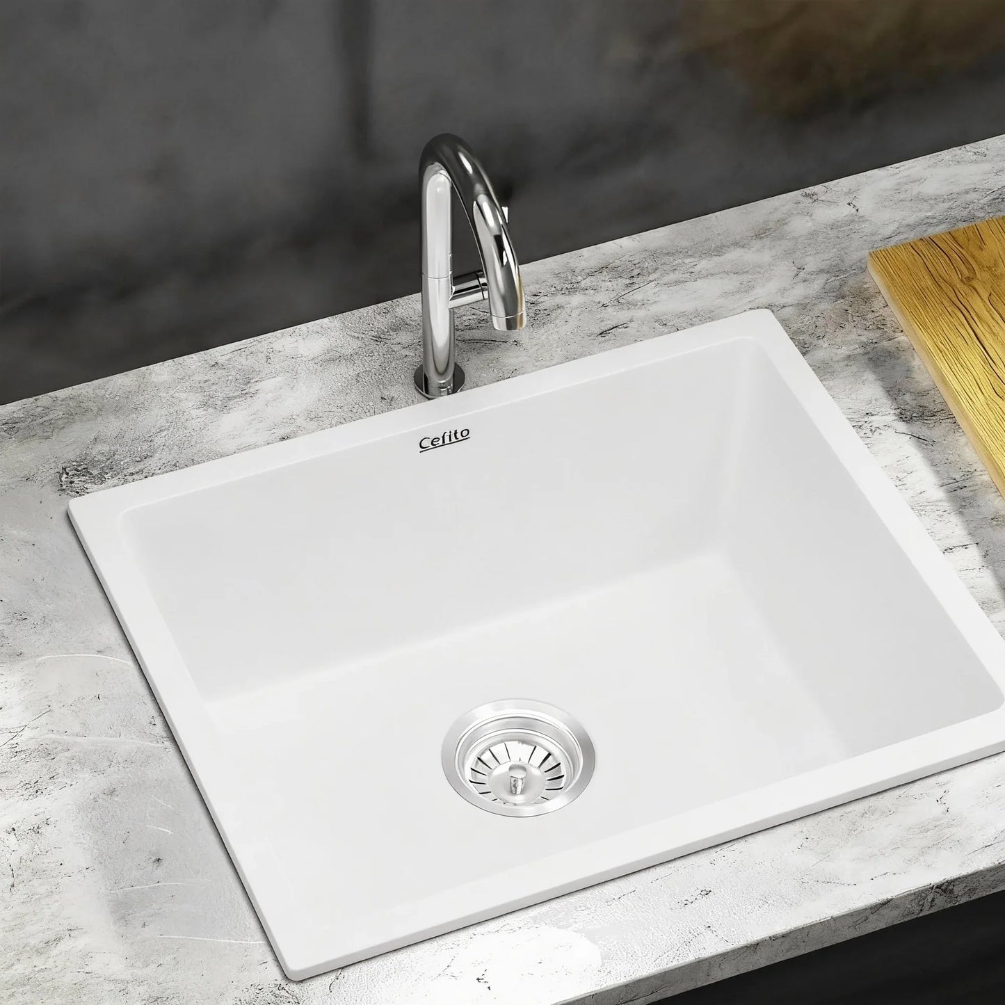 Cefito Kitchen Sink 55x45cm Granite Stone Sink Single Bowl White - Mekamart Australia