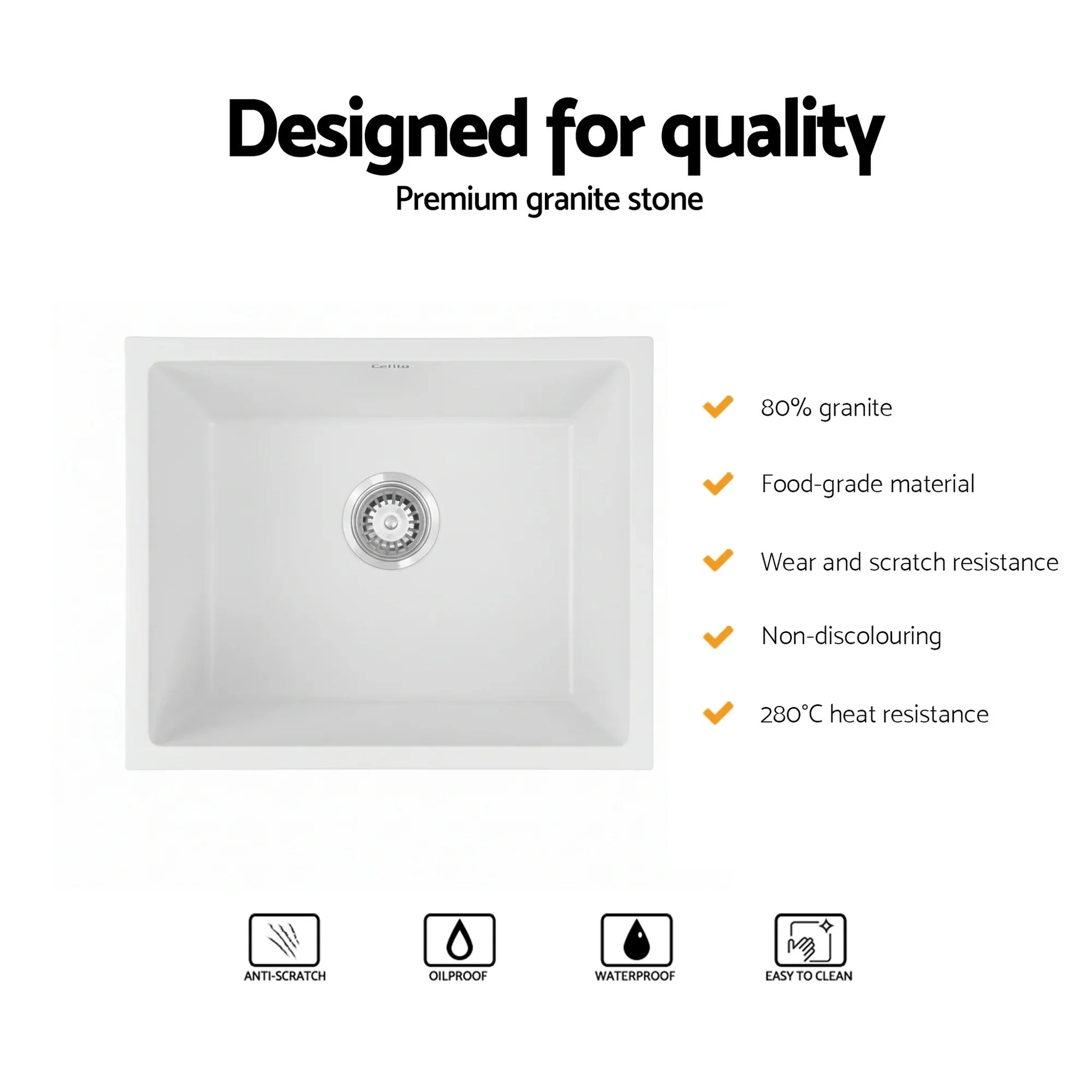 Cefito Kitchen Sink 55x45cm Granite Stone Sink Single Bowl White - Mekamart Australia
